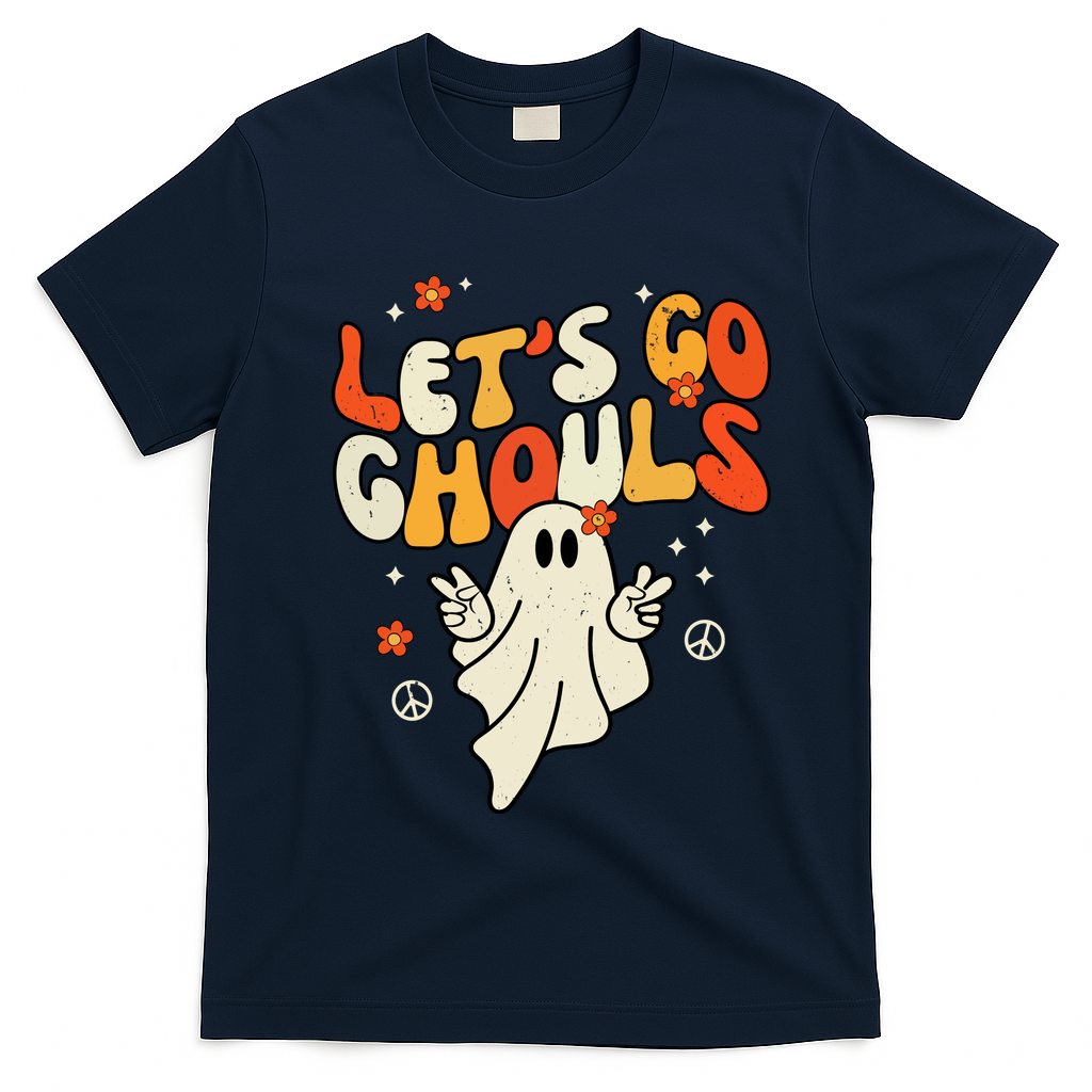 Lets Go Ghouls Ghost Retro Halloween Costume T-Shirt - Navy Blue