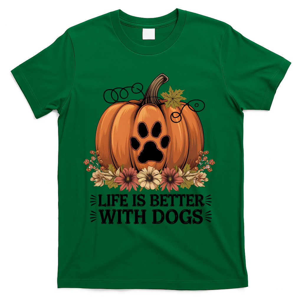 Life Is Better With Dogs Fall Pumpkins T-Shirt - Green