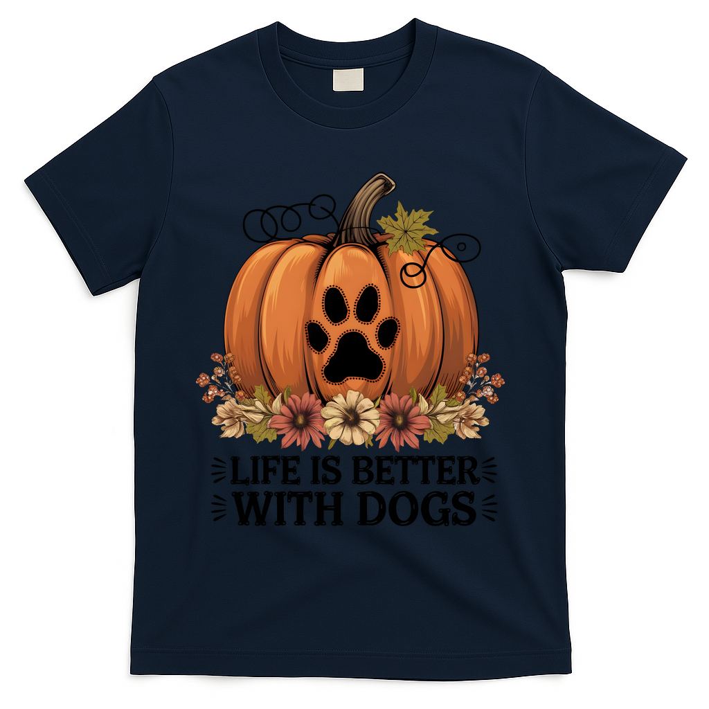 Life Is Better With Dogs Fall Pumpkins T-Shirt - Navy