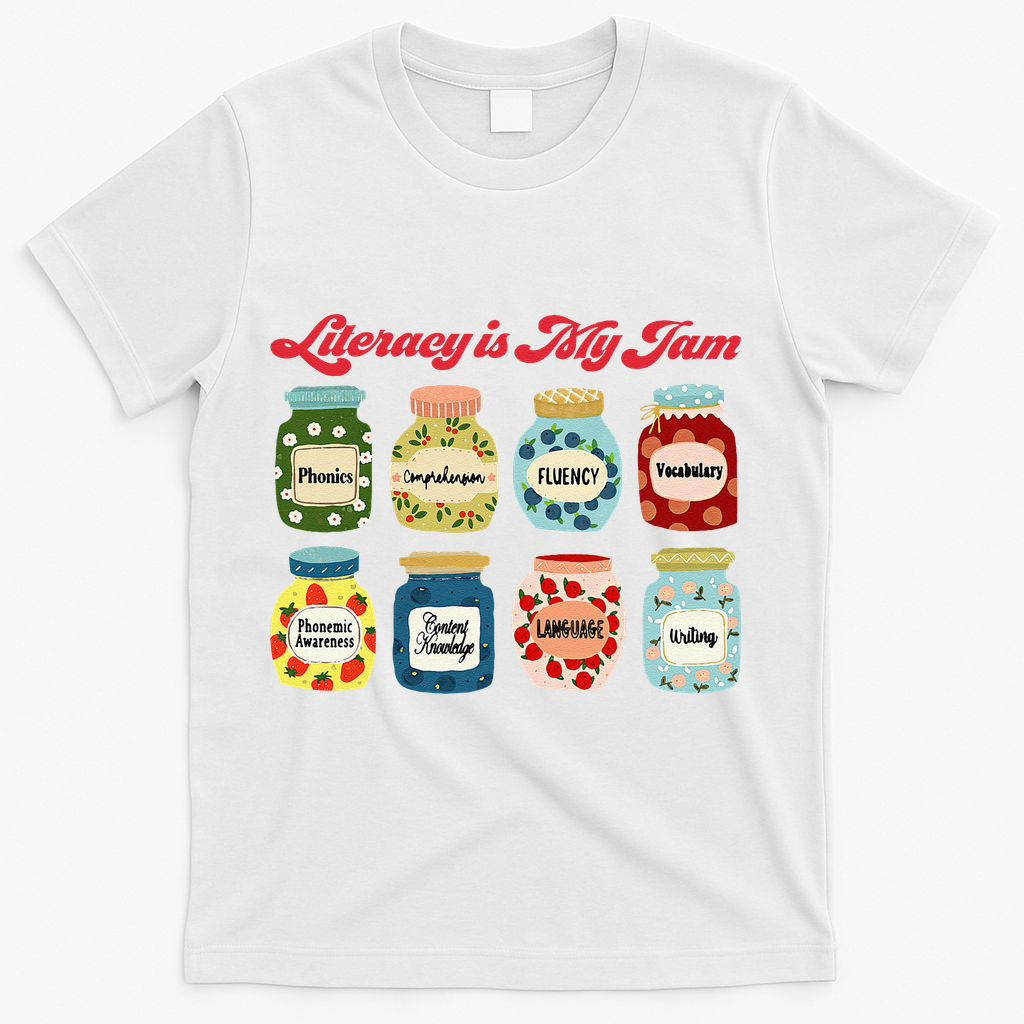 Literacy Is My Jam Specialist English Coach, Reading Teacher Appreciation Gift T-Shirt - White