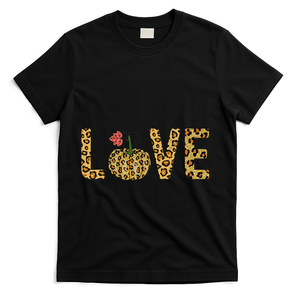 Love Leopard Pumpkin Autumn Design T-Shirt - Black