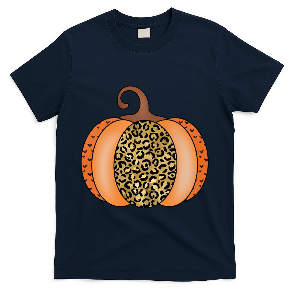 Leopard Pumpkin Fall Holiday T-Shirt - Navy
