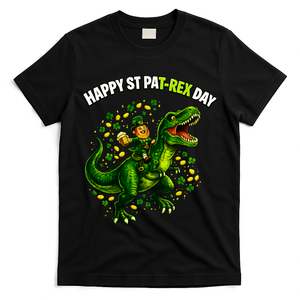 Leprechaun Riding Dino Happy Pat-rex Day T-rex T-Shirt