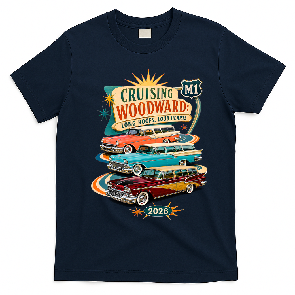 Long Roofs Loud Hearts Crusing Woodward 2026 M1 T-Shirt - Navy Blue