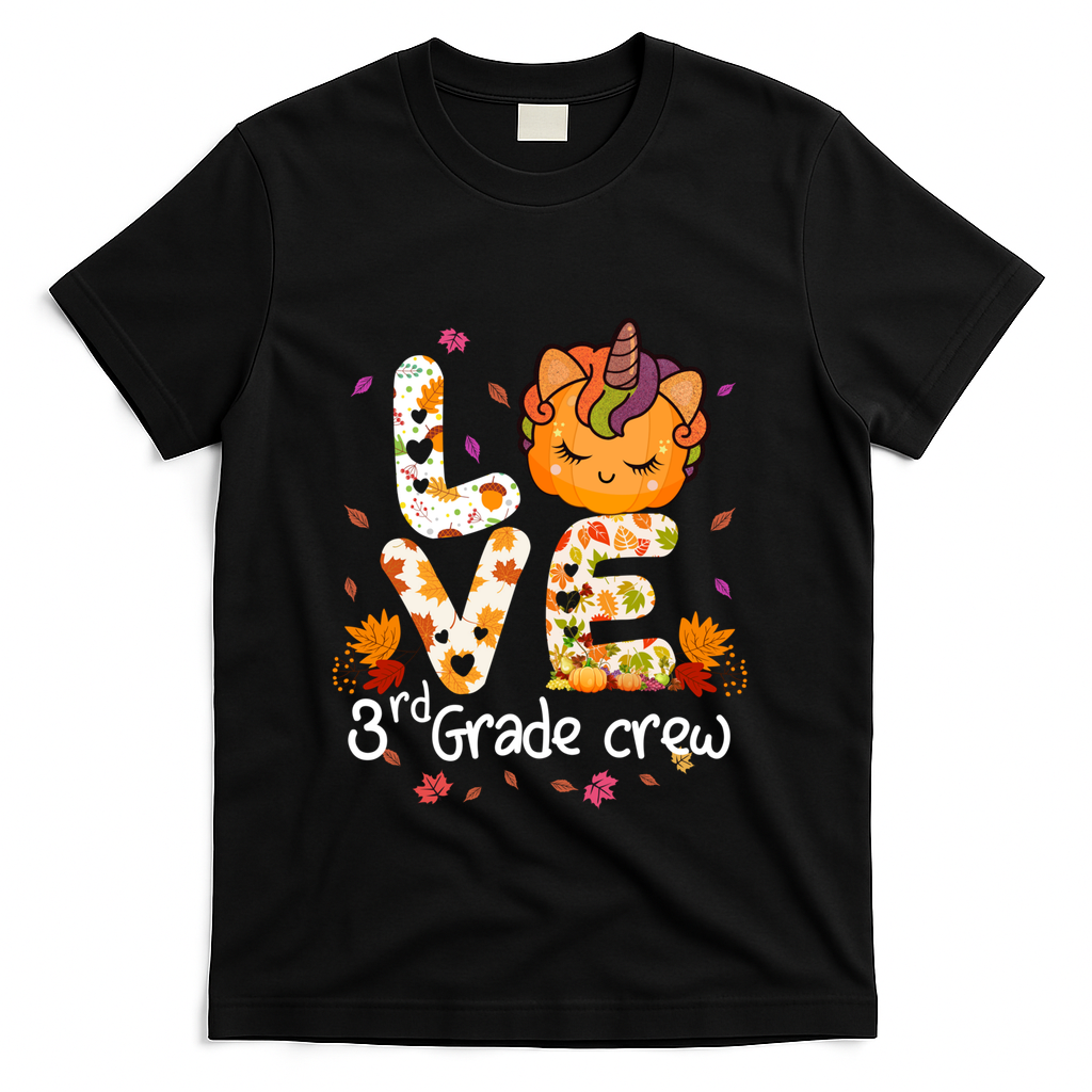 Love Third Grade Crew Unicorn Pumpkin Halloween Matching Great Gift T-Shirt - Black