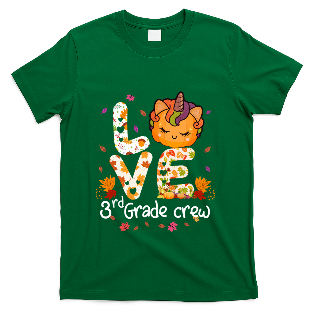Love Third Grade Crew Unicorn Pumpkin Halloween Matching Great Gift T-Shirt - Green