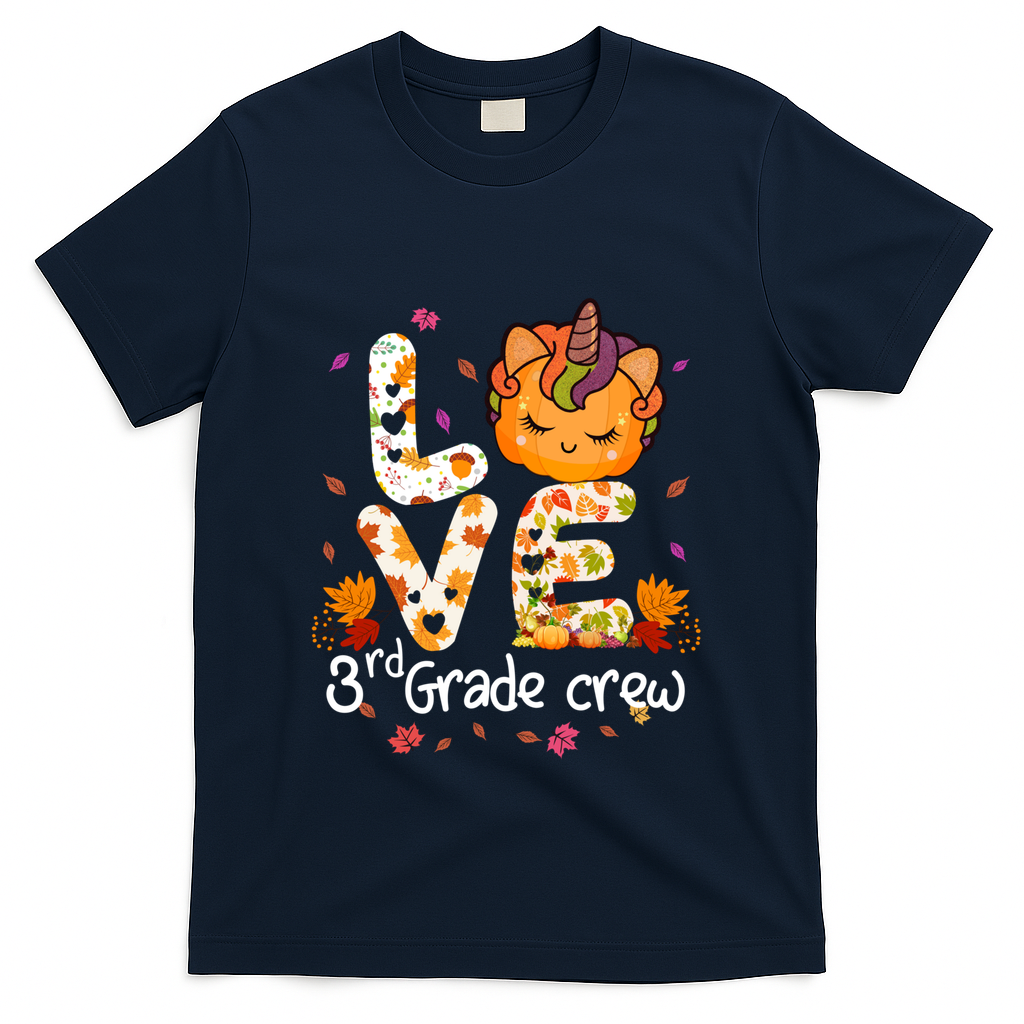 Love Third Grade Crew Unicorn Pumpkin Halloween Matching Great Gift T-Shirt - Navy