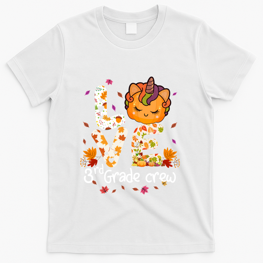 Love Third Grade Crew Unicorn Pumpkin Halloween Matching Great Gift T-Shirt - White