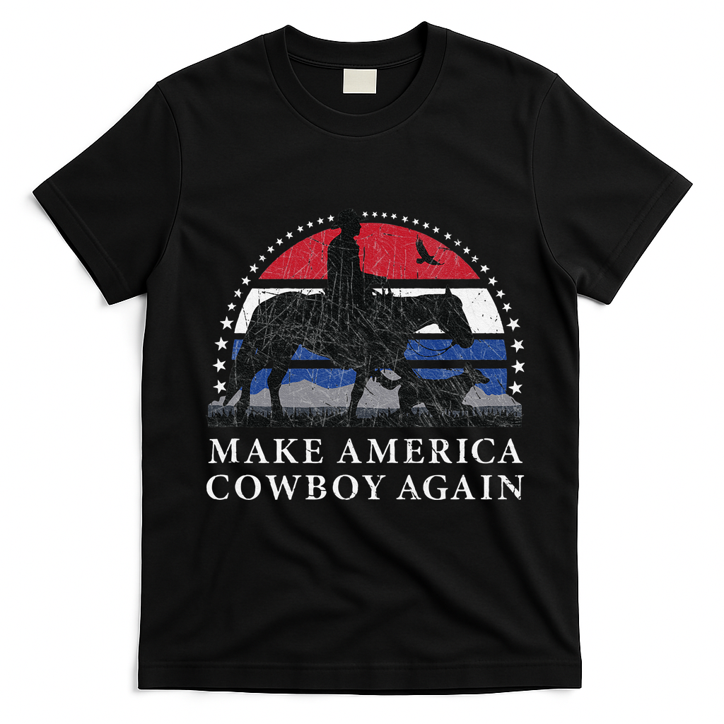 MAKE AMERICA COWBOY AGAIN HORSE AND DOG DESIGN FUNNY GIFT T-Shirt - Black