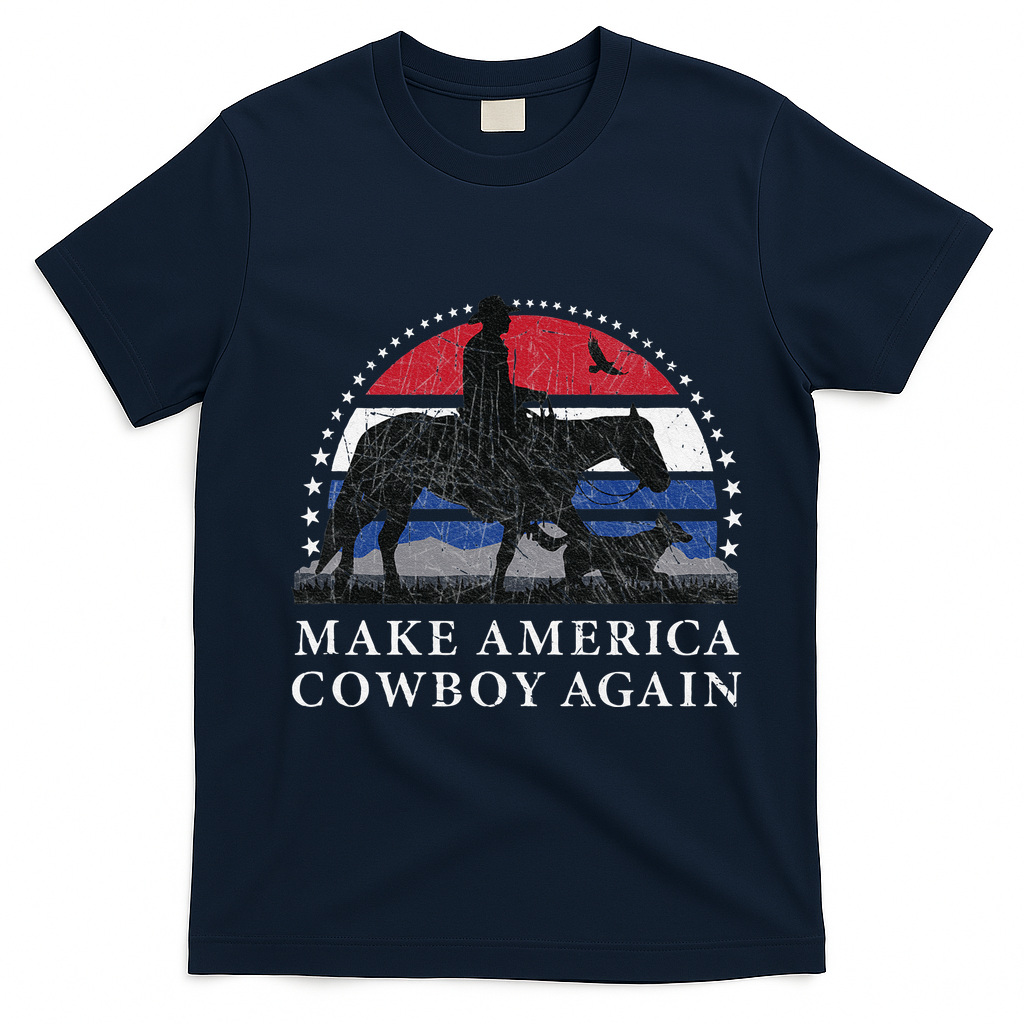 MAKE AMERICA COWBOY AGAIN HORSE AND DOG DESIGN FUNNY GIFT T-Shirt - Navy Blue