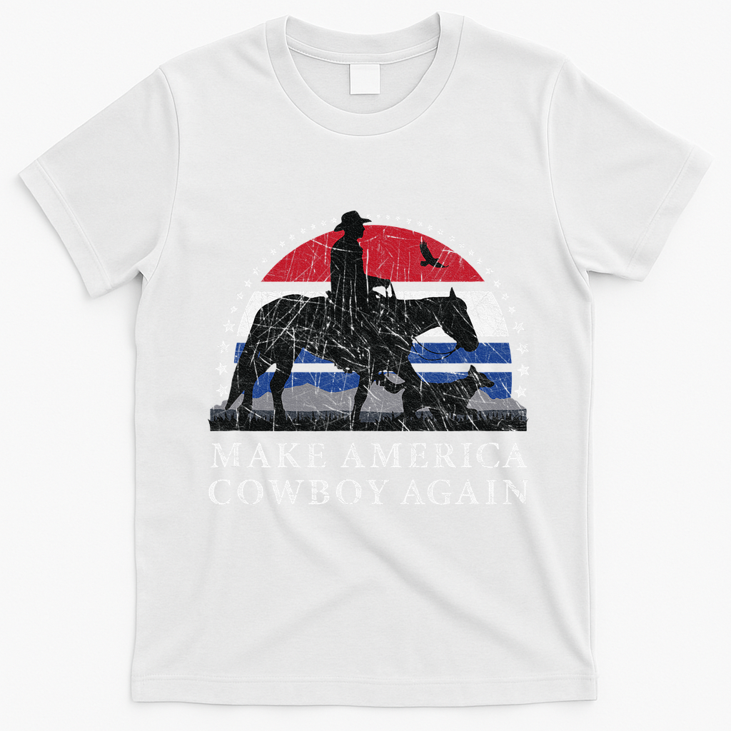 MAKE AMERICA COWBOY AGAIN HORSE AND DOG DESIGN FUNNY GIFT T-Shirt - White
