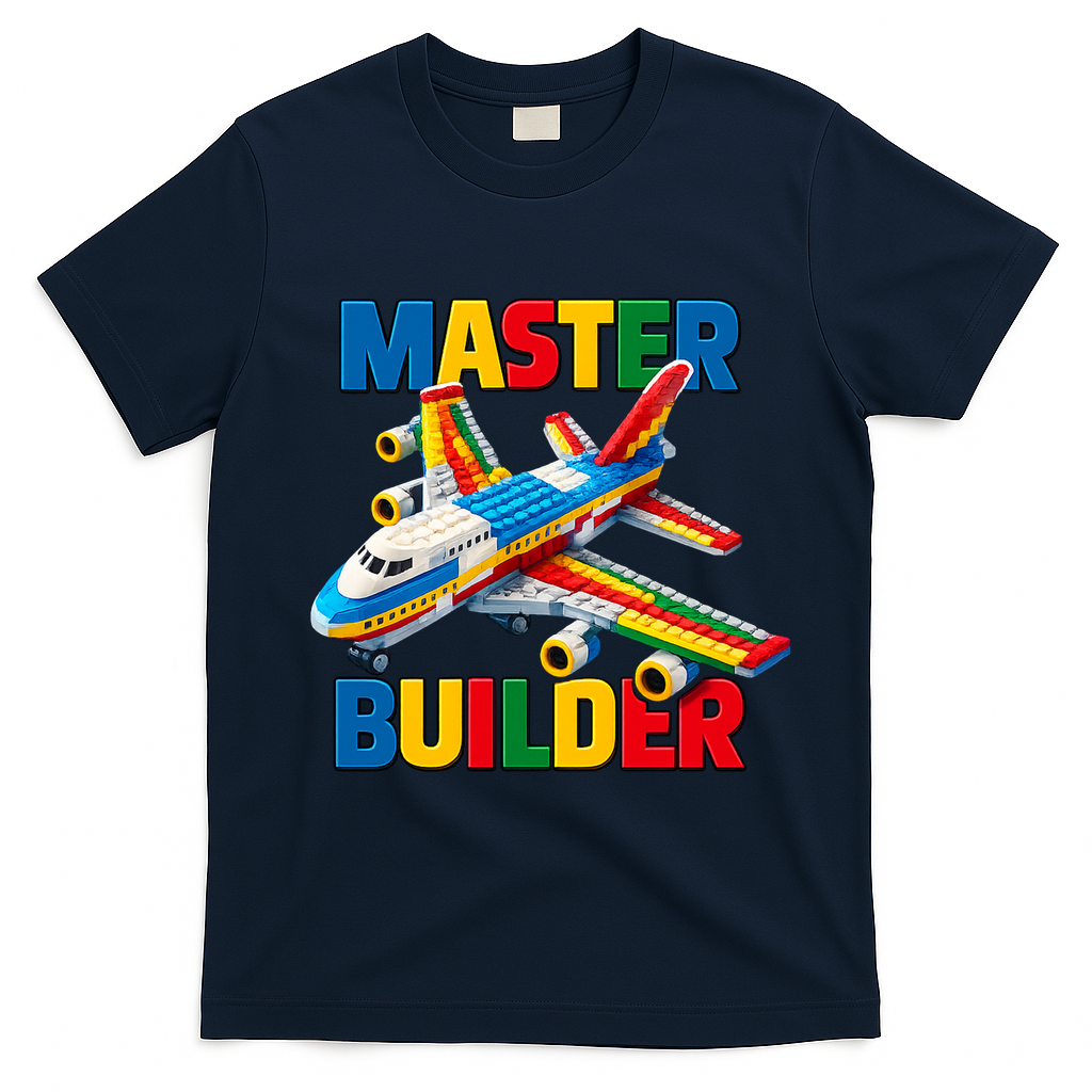 Master Builder Airplane Toy Building Blocks Brick T-Shirt - Navy Blue