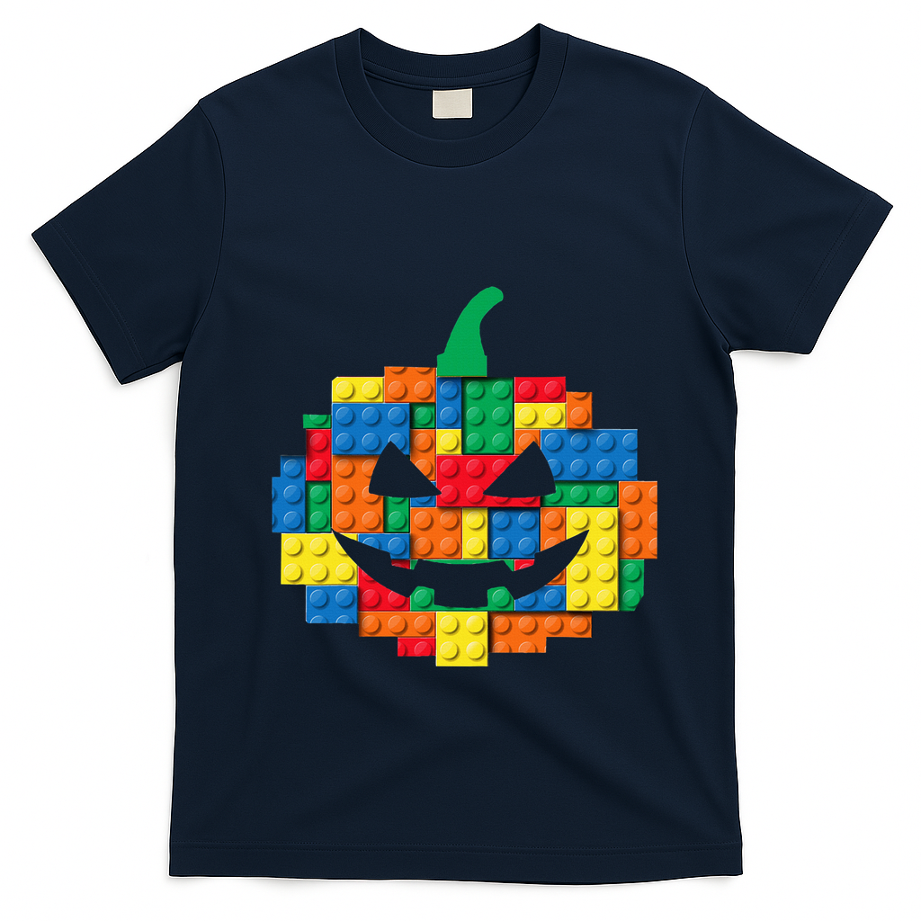 Master Builder Building Blocks Pumpkin Halloween T-Shirt - Navy Blue