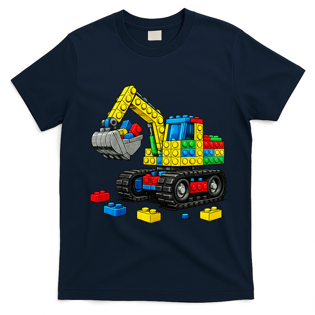 Master Builder Excavator Construction Building Bricks Blocks T-Shirt - Navy Blue