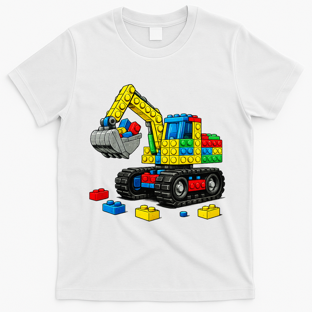 Master Builder Excavator Construction Building Bricks Blocks T-Shirt - White