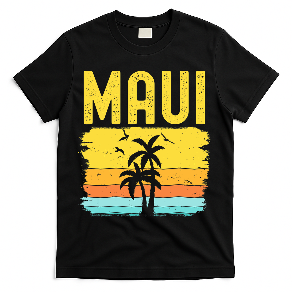 Maui Beach Hawaii Summer Vacation Hawaiian Sunset Vintage T-Shirt - Black