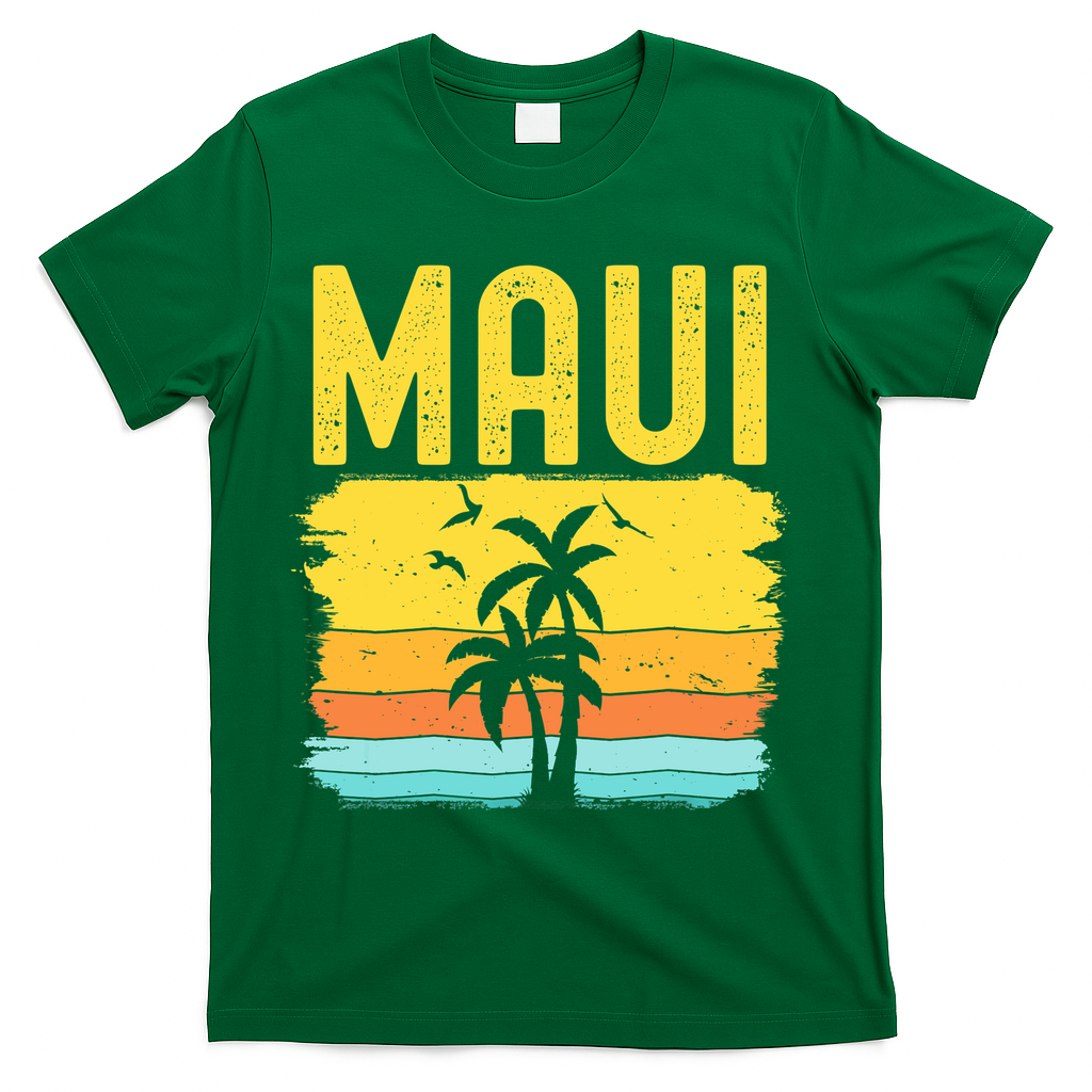 Maui Beach Hawaii Summer Vacation Hawaiian Sunset Vintage T-Shirt - Green