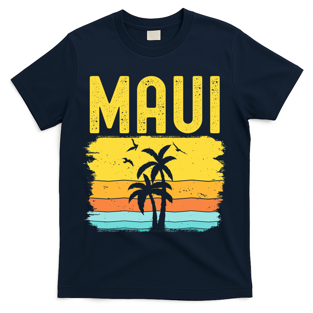 Maui Beach Hawaii Summer Vacation Hawaiian Sunset Vintage T-Shirt - Navy
