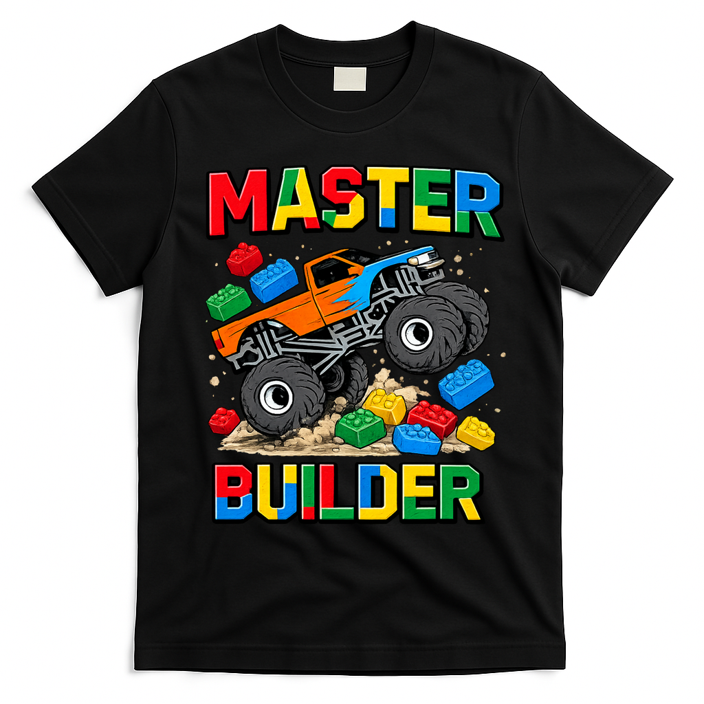 Master Builder Monster Truck Blocks Building Brick T-Shirt - Black