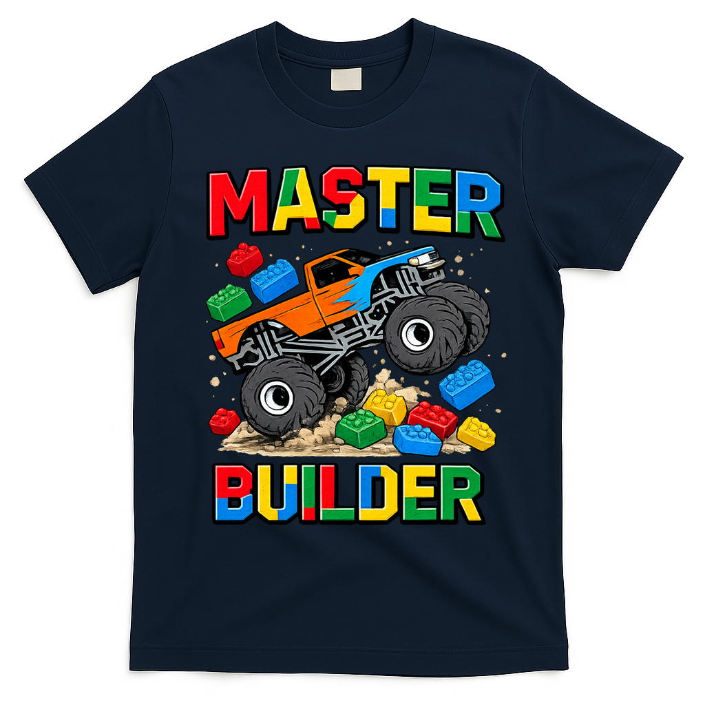 Master Builder Monster Truck Blocks Building Brick T-Shirt - Navy Blue