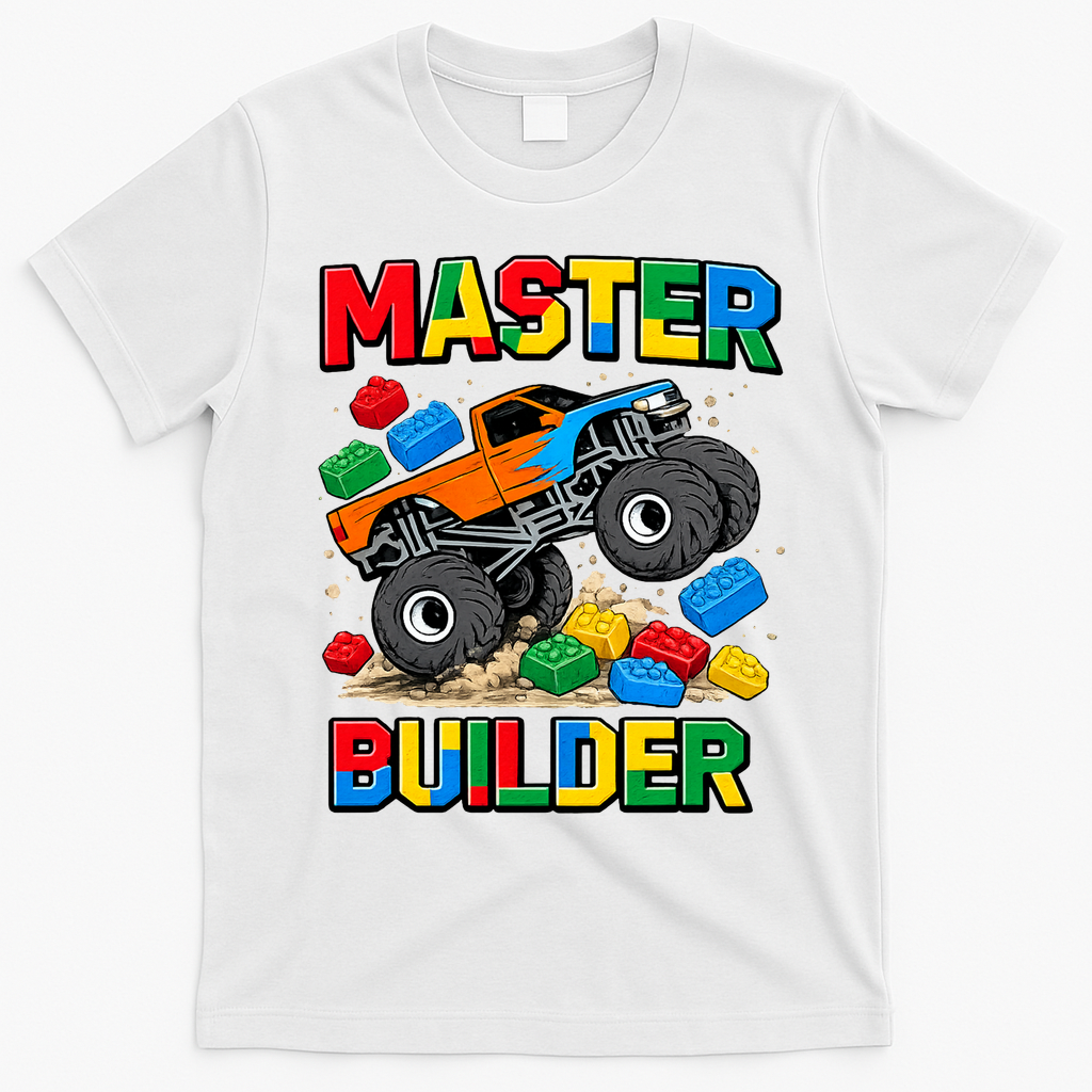 Master Builder Monster Truck Blocks Building Brick T-Shirt - White