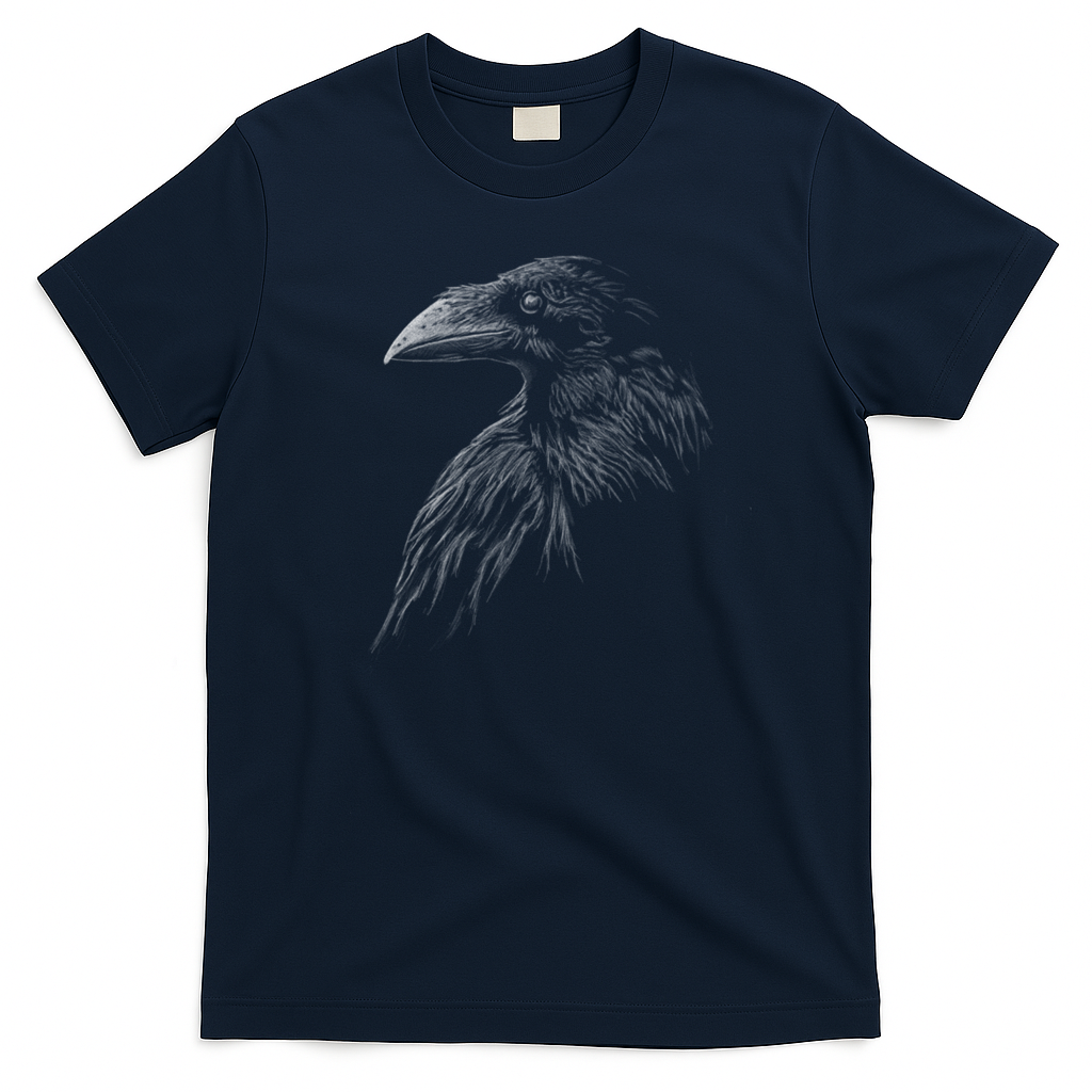 Mystical Black Raven Illustration Crow Artwork T-Shirt - Navy Blue