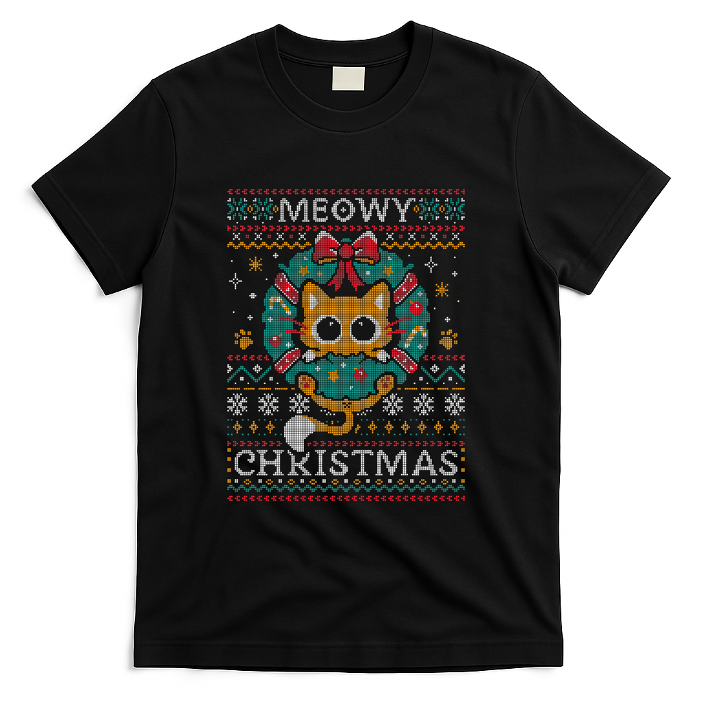 Meowy Christmas Cat - Ugly Xmas Sweater - Black