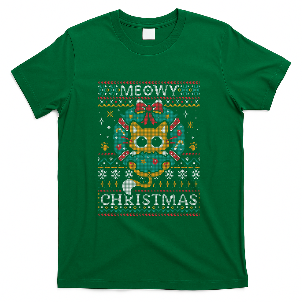 Meowy Christmas Cat - Ugly Xmas Sweater - Green