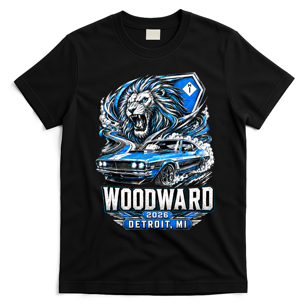 Michigan Car Cruise 2026 Woodward Ave M1 Lion T-Shirt - Black