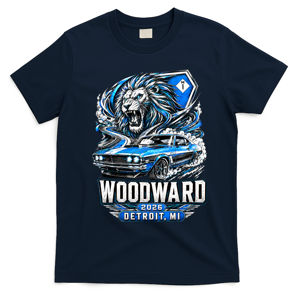 Michigan Car Cruise 2026 Woodward Ave M1 Lion T-Shirt - Navy Blue