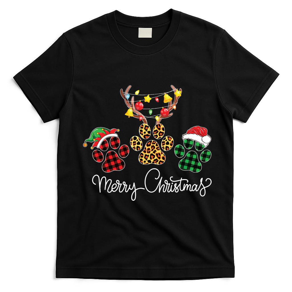 Merry Christmas Dog Paws Lights Buffalo Plaid Leopard Xmas T-Shirt - Black