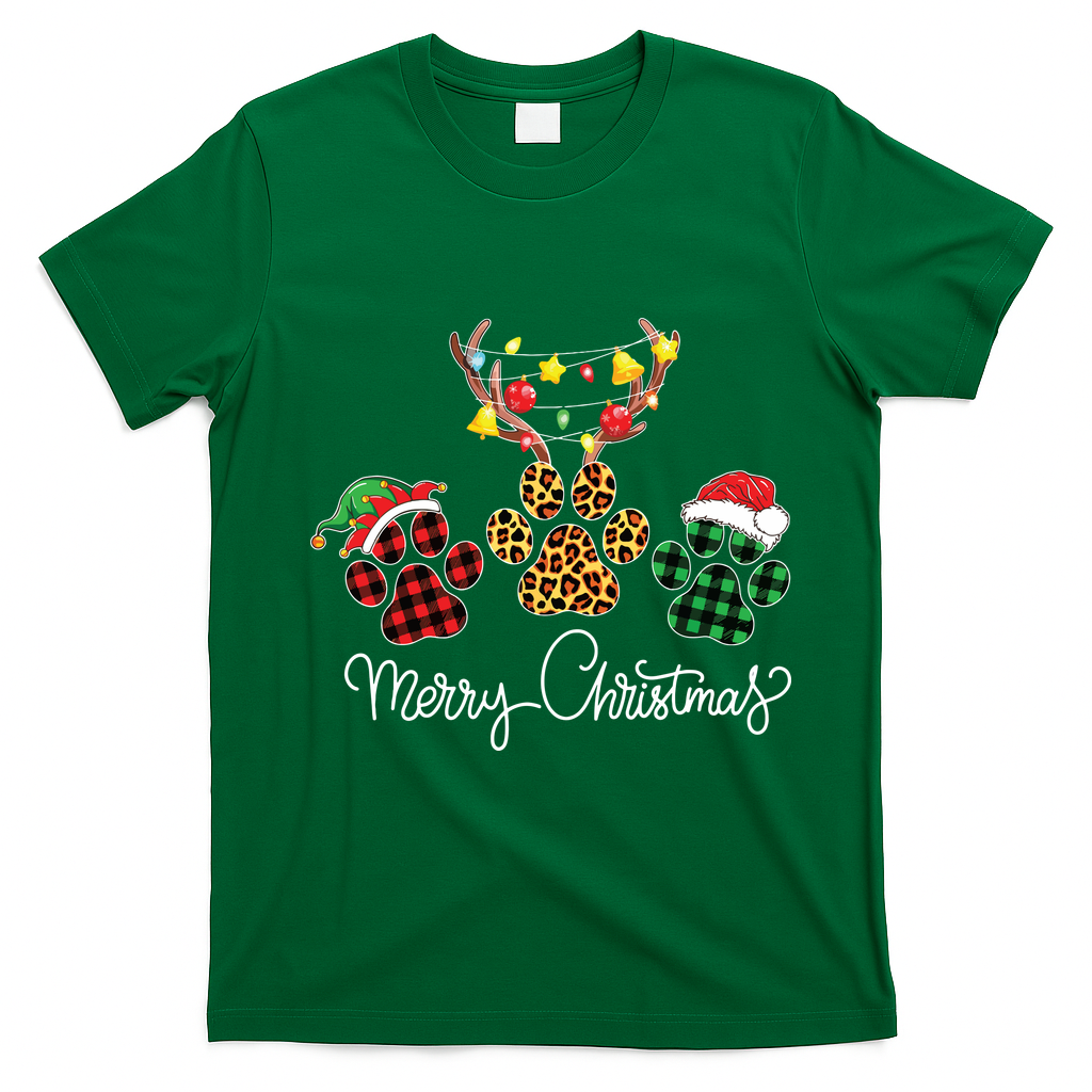 Merry Christmas Dog Paws Lights Buffalo Plaid Leopard Xmas T-Shirt - Irish Green
