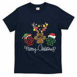 Merry Christmas Dog Paws Lights Buffalo Plaid Leopard Xmas T-Shirt - Navy Blue