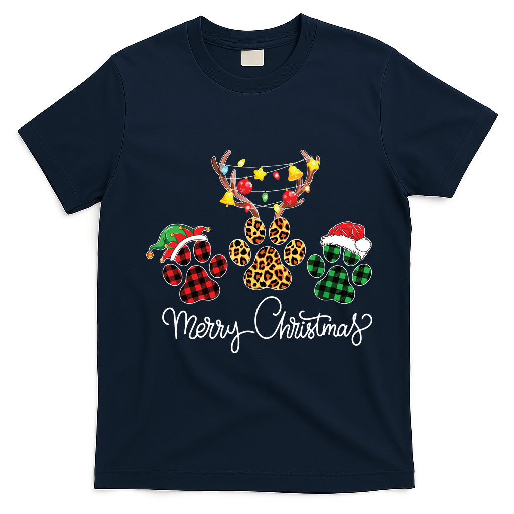Merry Christmas Dog Paws Lights Buffalo Plaid Leopard Xmas T-Shirt - Navy Blue