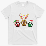 Merry Christmas Dog Paws Lights Buffalo Plaid Leopard Xmas T-Shirt - White