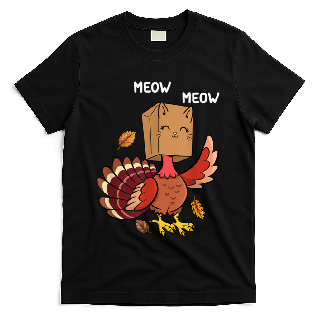 Meow Cat Funny Thanksgiving Turkey T-Shirt - Black