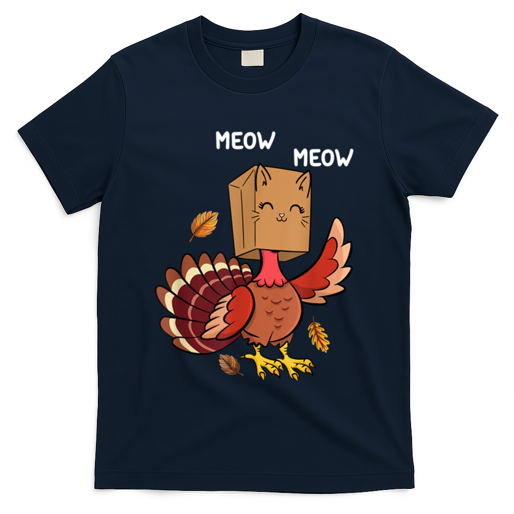 Meow Cat Funny Thanksgiving Turkey T-Shirt - Navy