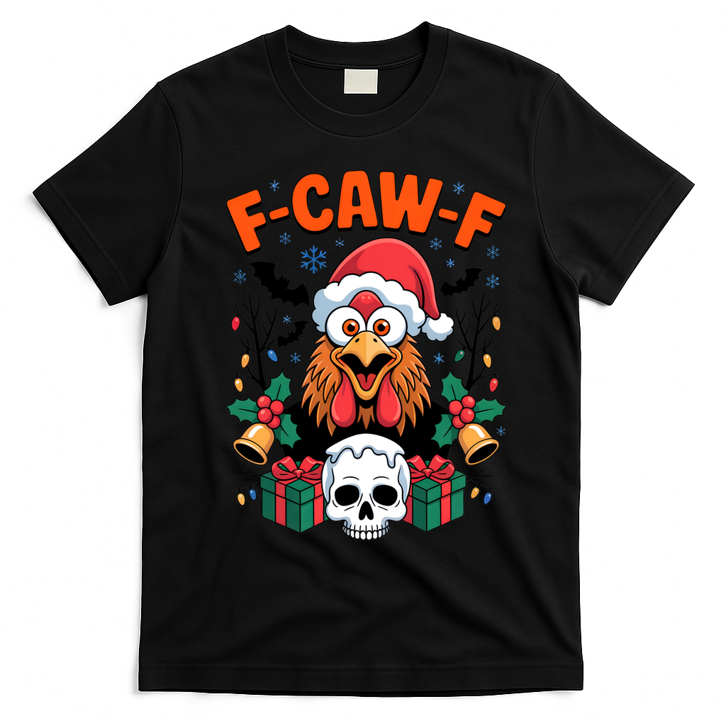 Merry Christmas F-Caw-F Chicken Spooky Skull T-Shirt - Black