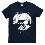 Manx Cat Halloween Costume Moon Silhouette Creepy Horror T-Shirt - Navy Blue