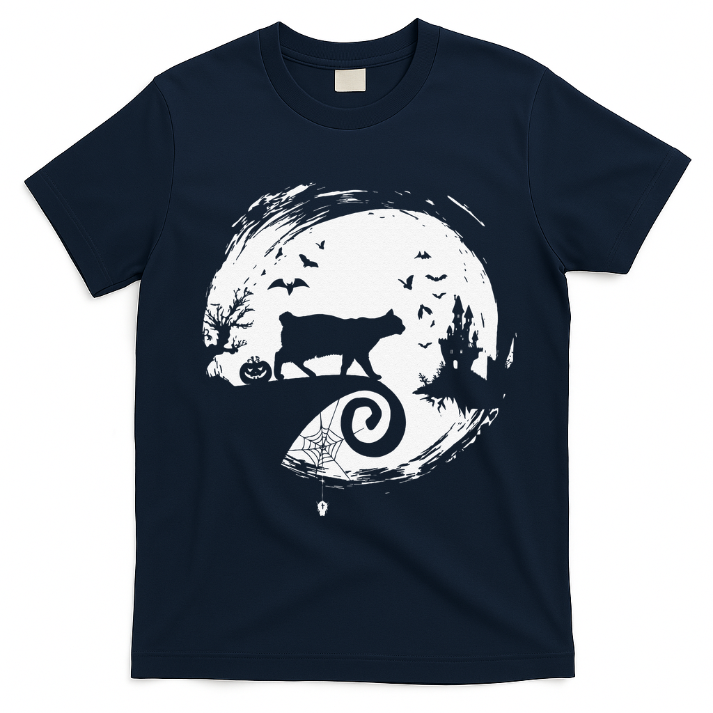 Manx Cat Halloween Costume Moon Silhouette Creepy Horror T-Shirt - Navy Blue
