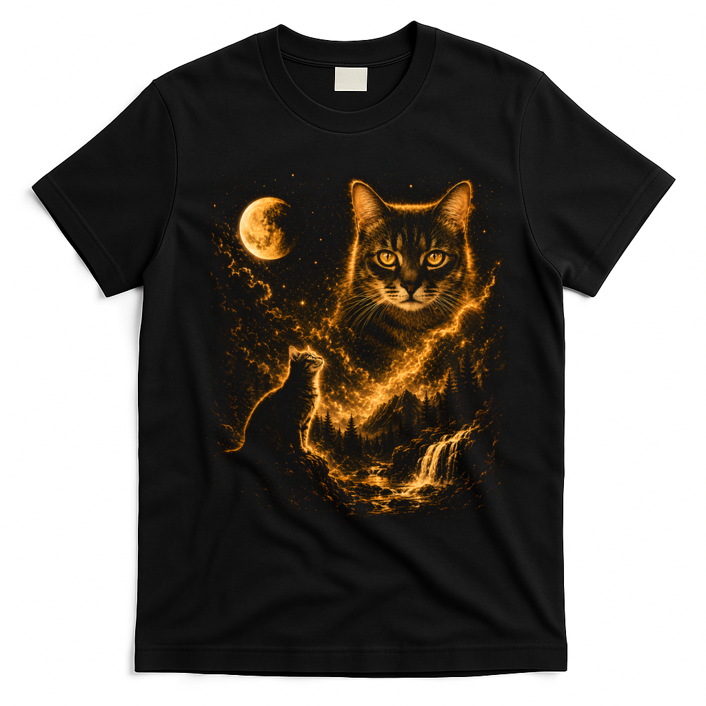 Majestic Cat In Cosmic Night Sky T-Shirt - Black