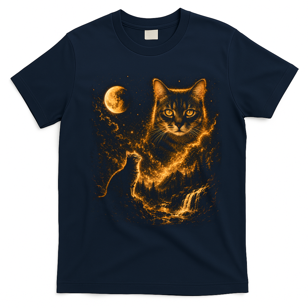 Majestic Cat In Cosmic Night Sky T-Shirt - Navy Blue