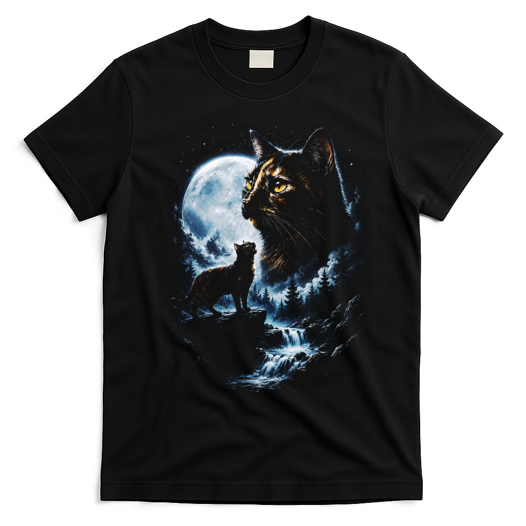 Mythical Cat Moonlight Adventure Night Sky T-Shirt - Black