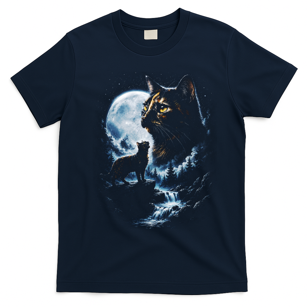 Mythical Cat Moonlight Adventure Night Sky T-Shirt - Navy Blue