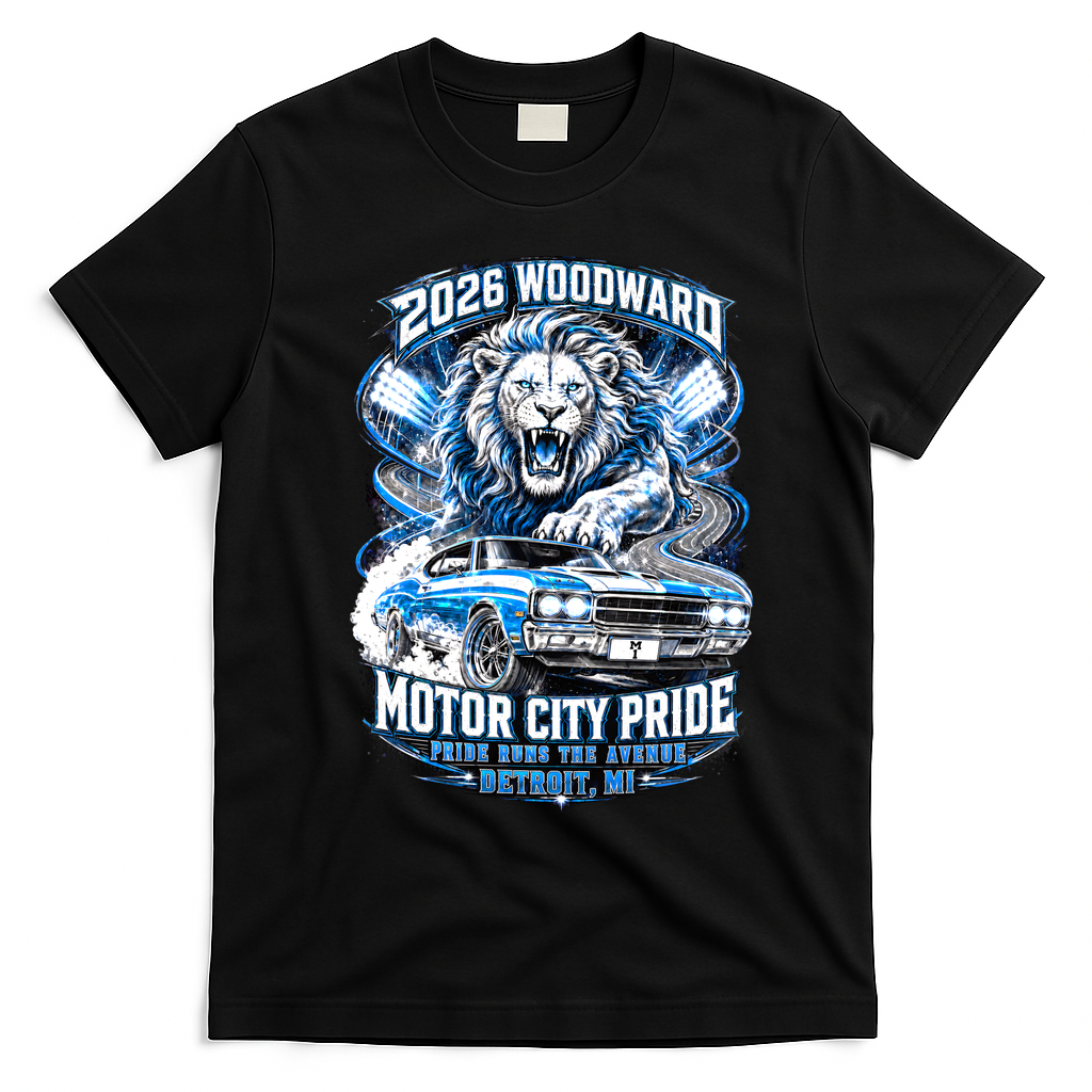 Motor City Pride 2026 Cruising Roaring Down Woodward T-Shirt - Black