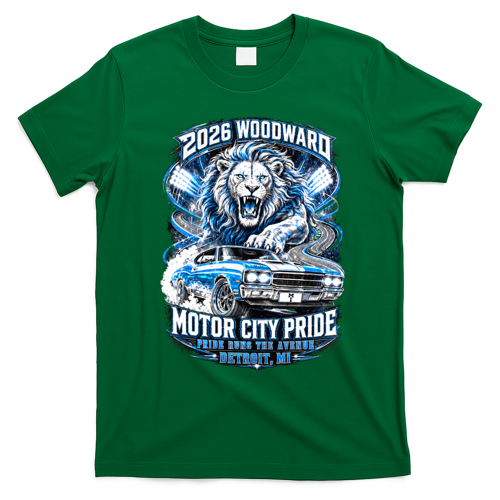 Motor City Pride 2026 Cruising Roaring Down Woodward T-Shirt - Irish Green