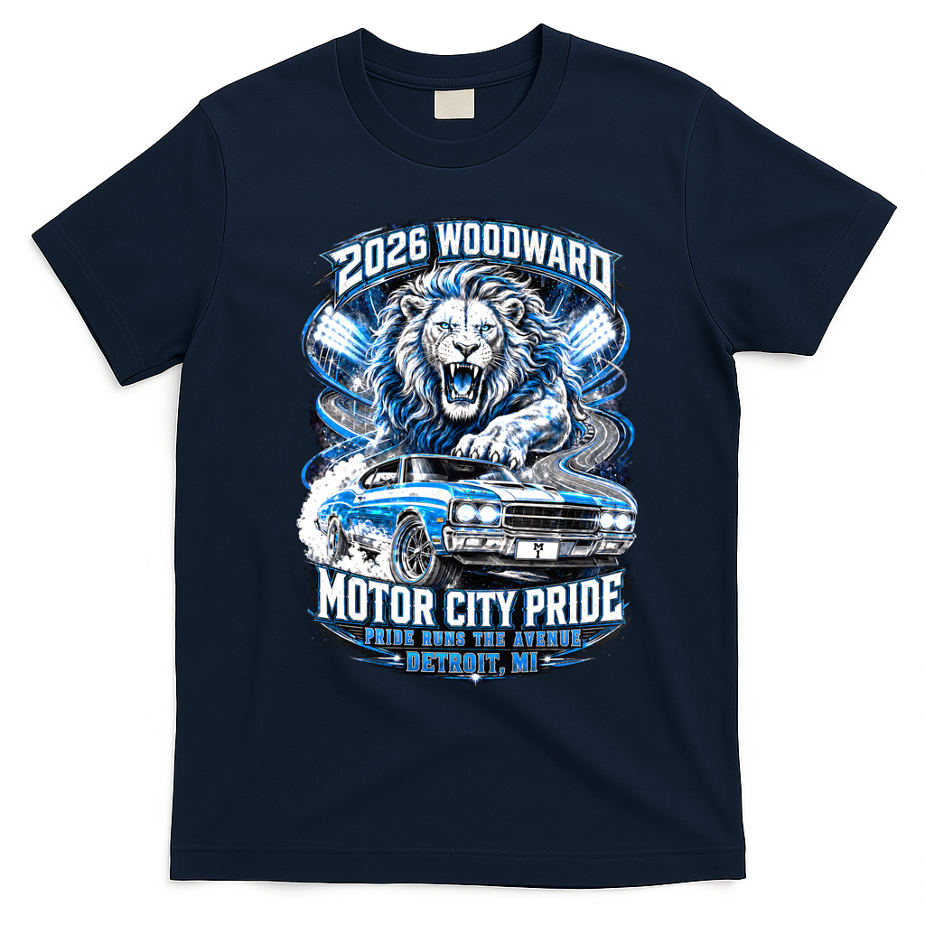 Motor City Pride 2026 Cruising Roaring Down Woodward T-Shirt - Navy Blue