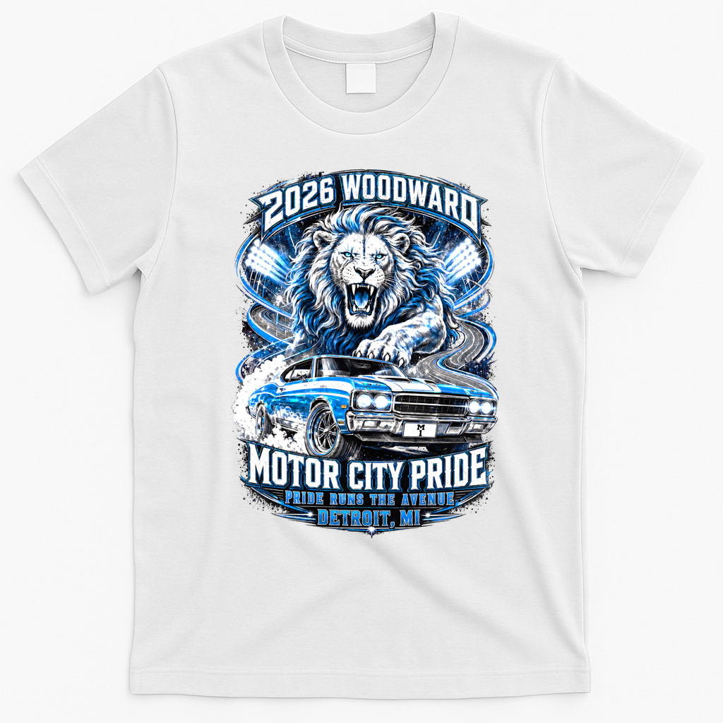 Motor City Pride 2026 Cruising Roaring Down Woodward T-Shirt - White