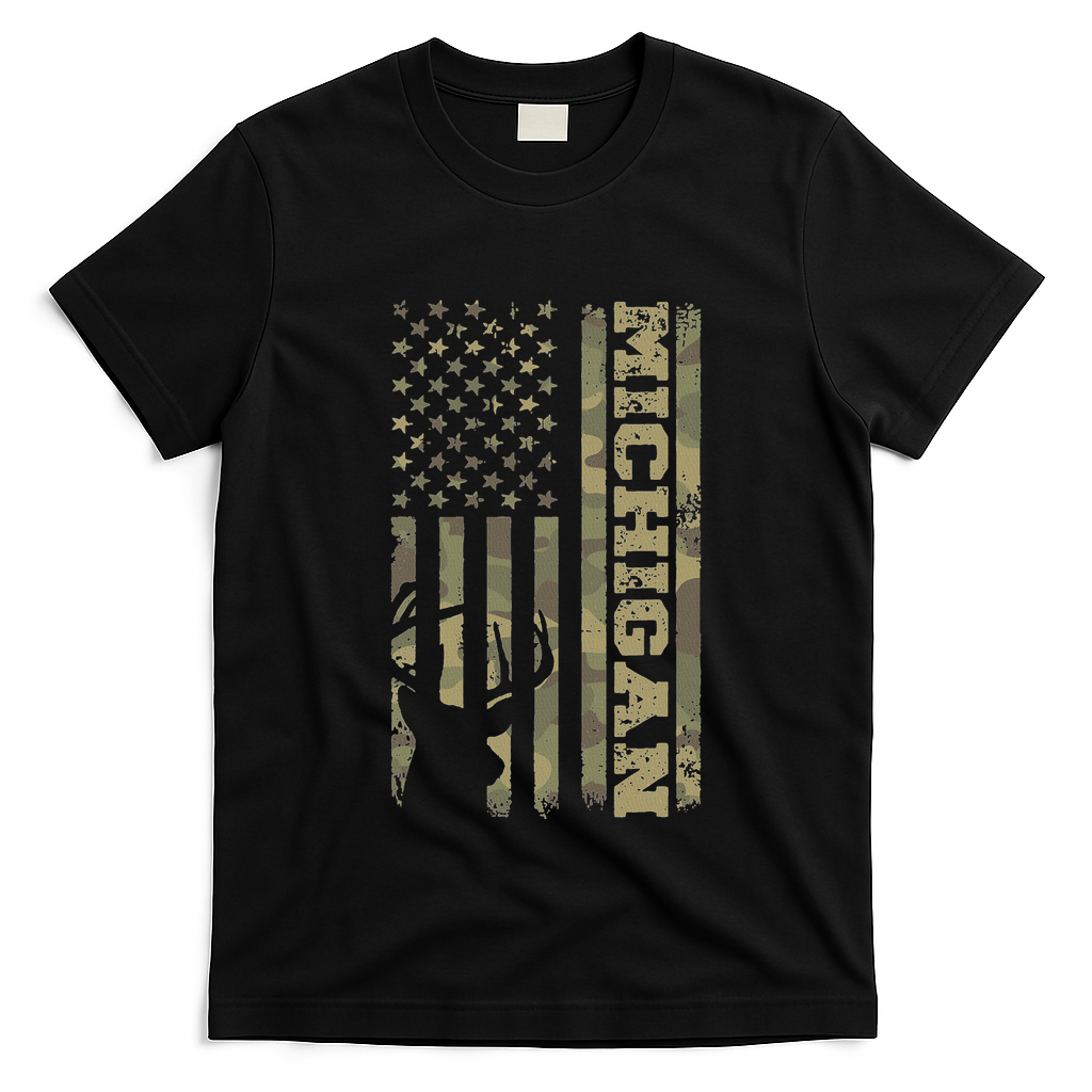 Michigan Deer Hunter Vintage Deer Hunting Camo Usa Flag T-Shirt