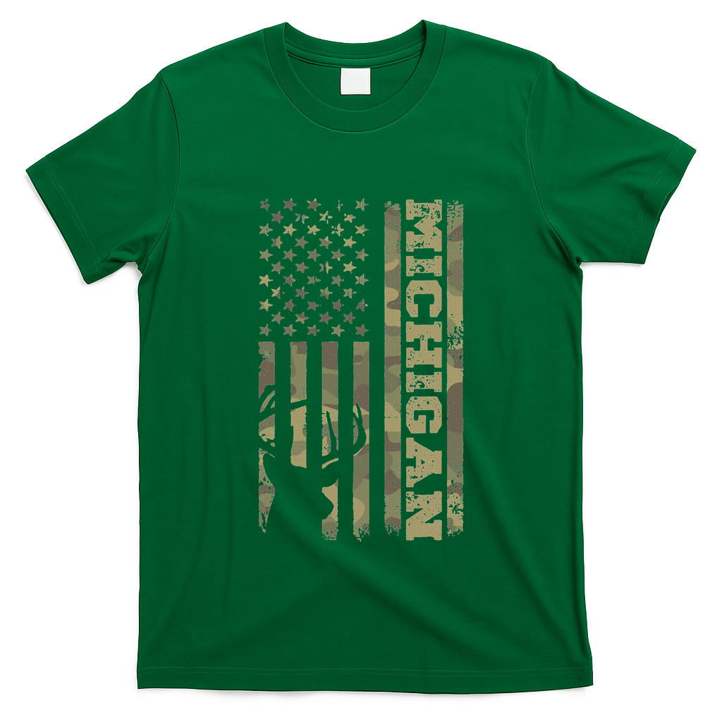 Michigan Deer Hunter Vintage Deer Hunting Camo Usa Flag T-Shirt